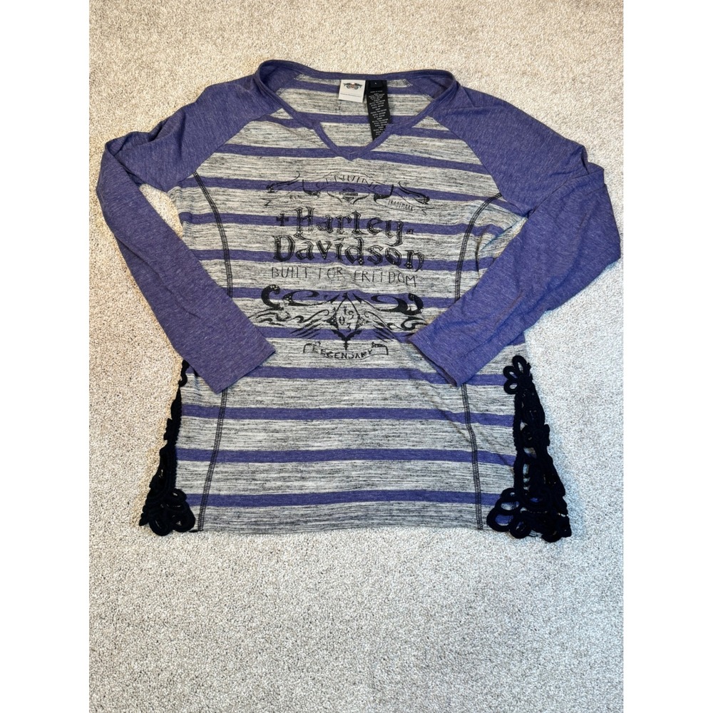 Harley Davidson Women's Large Raglan Crochet Lace Graphic Top Y2K style